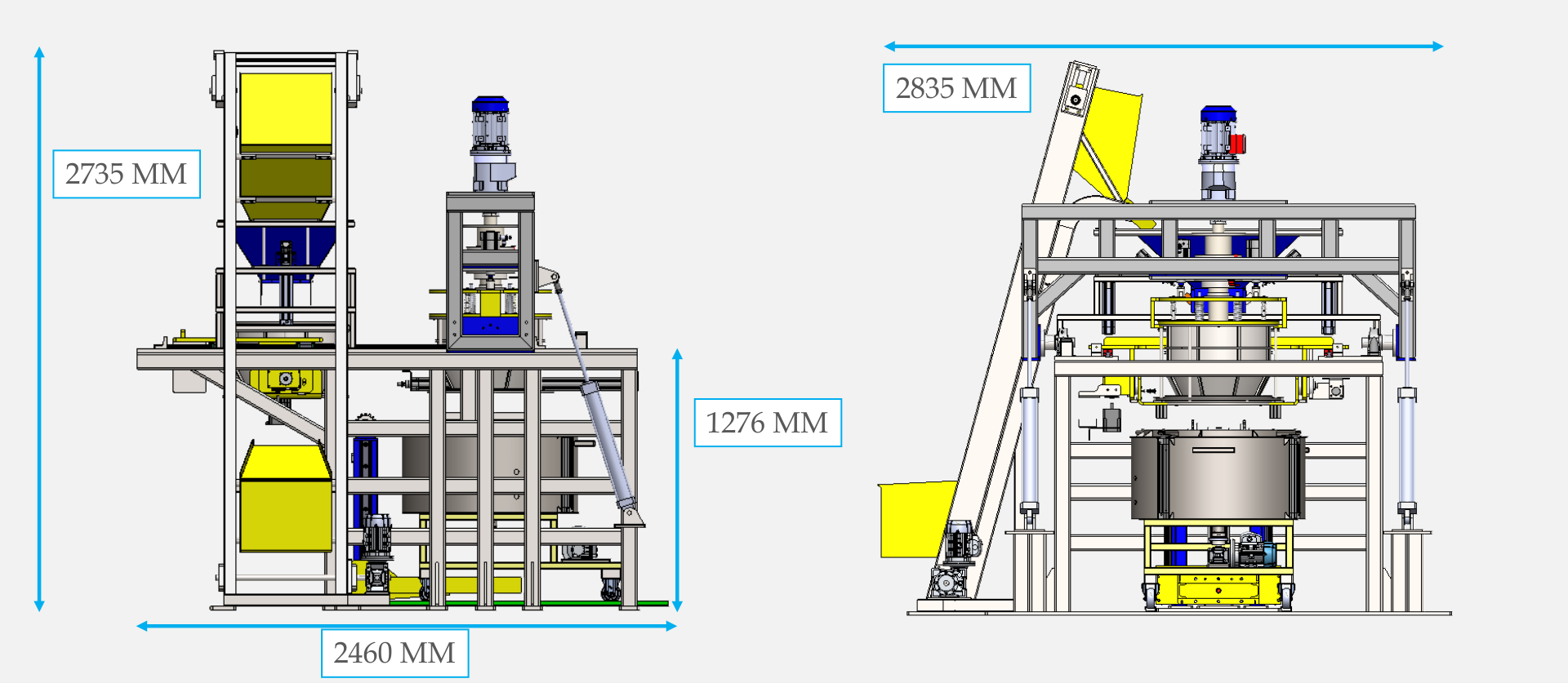 DIP-SPIN machine dimensioned drawings — front and side elevations